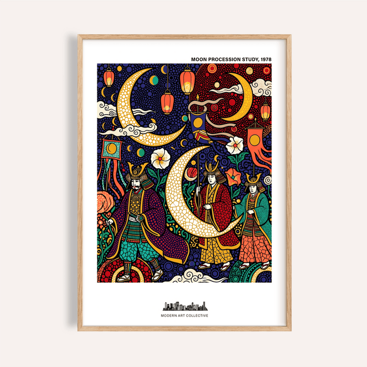 Moon procession illustration with lanterns, crescent moons, and robed figures