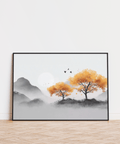 Hallway ready Autumn Tree Wall Art with orange, gray, white and black palette