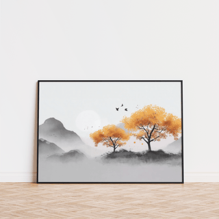 Hallway ready Autumn Tree Wall Art with orange, gray, white and black palette