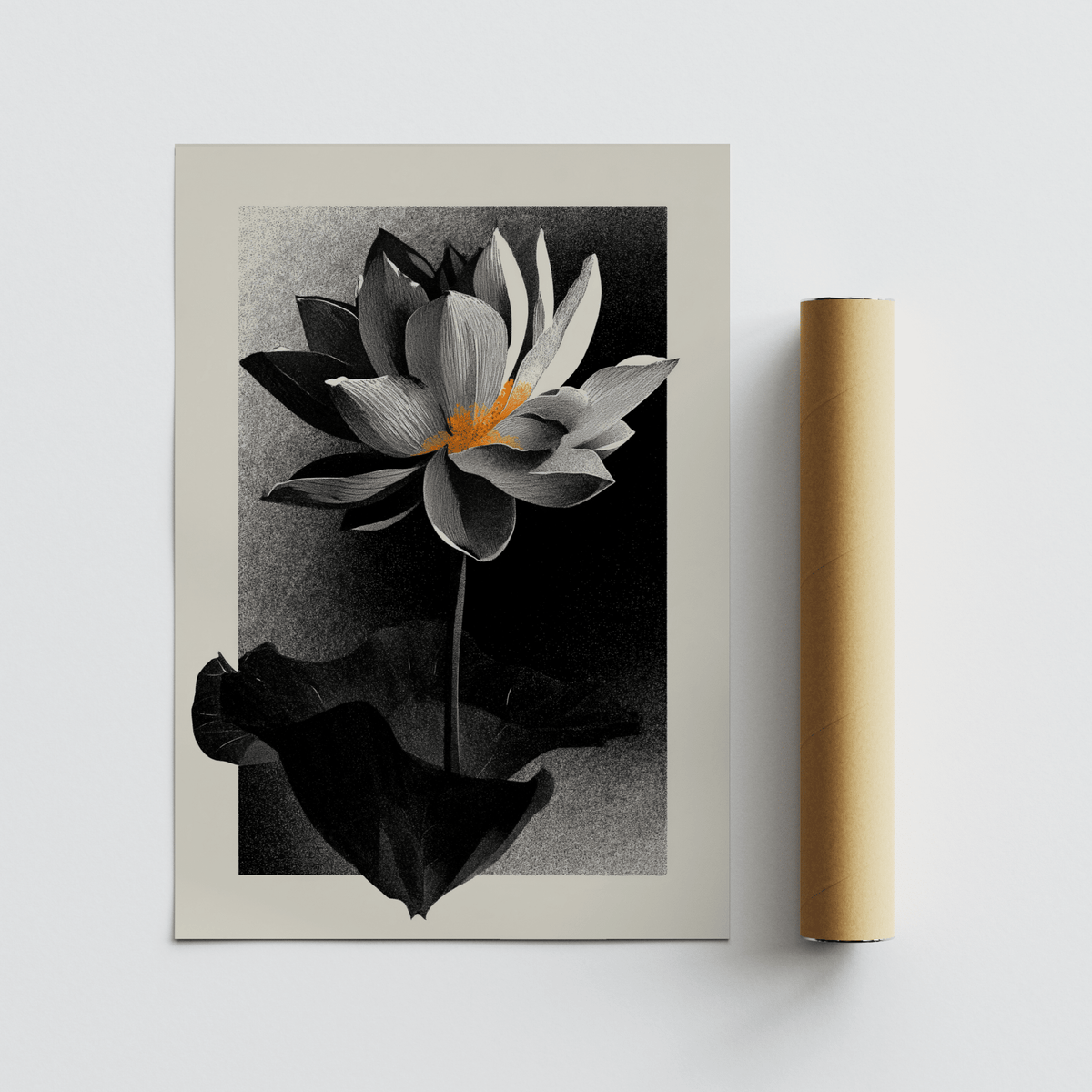 Modern floral wall poster centered lotus in gray, black, and orange