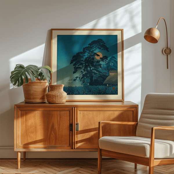 Japanese woodblock style night scene with central pine tree