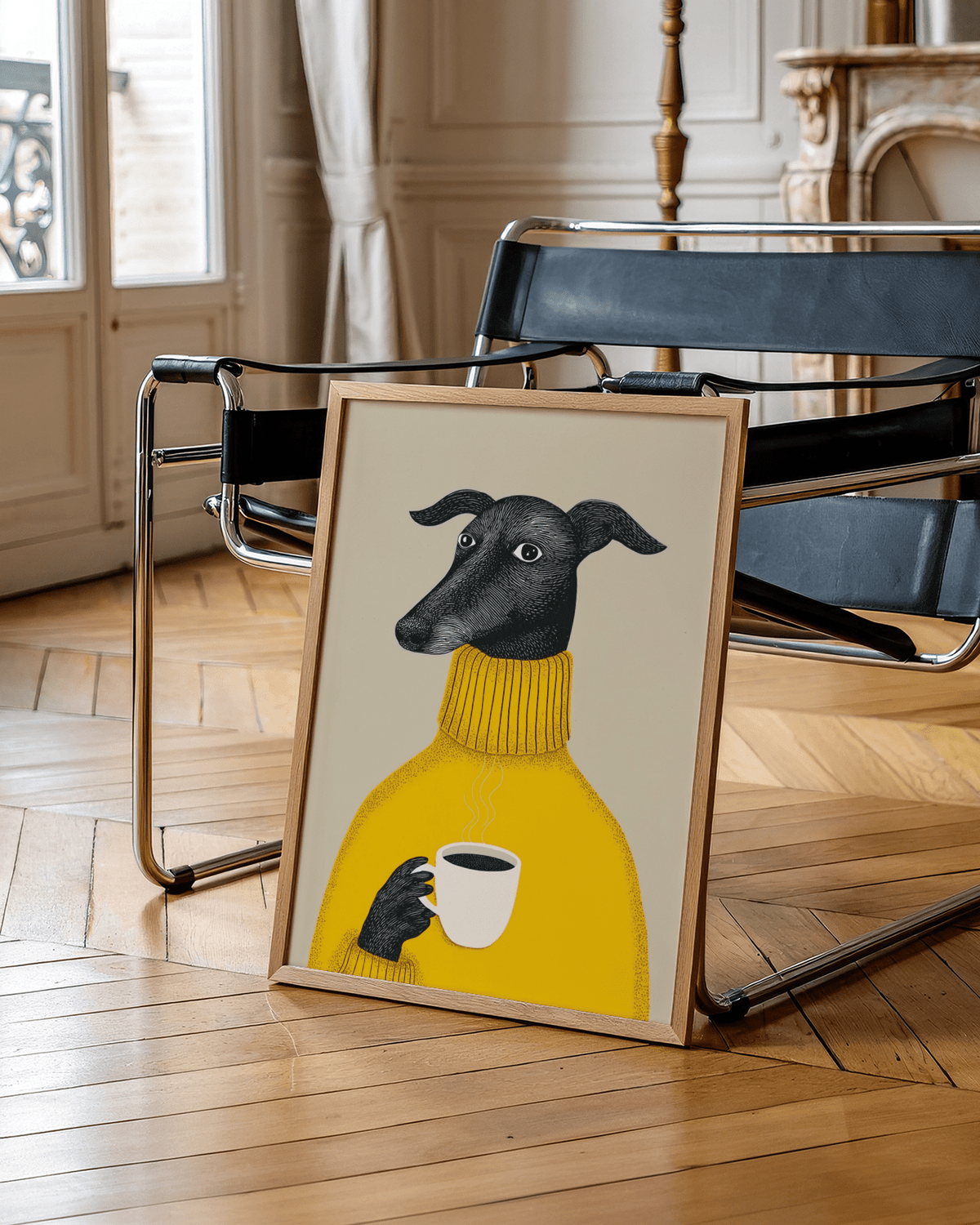 Illustrative Dog Wall Art featuring yellow and black hues for bedroom wall art