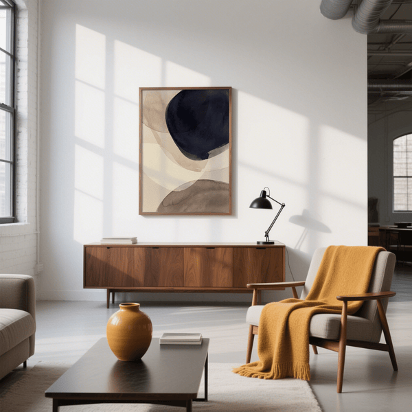 Neutral toned Abstract Watercolor Print in blue, beige, brown for living room