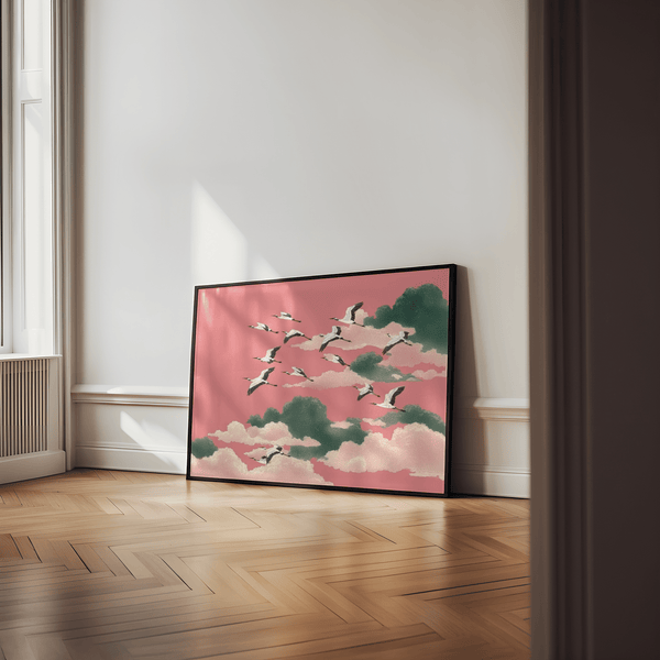 Modern Pink Crane Wall Art print in Pink and Green for office walls
