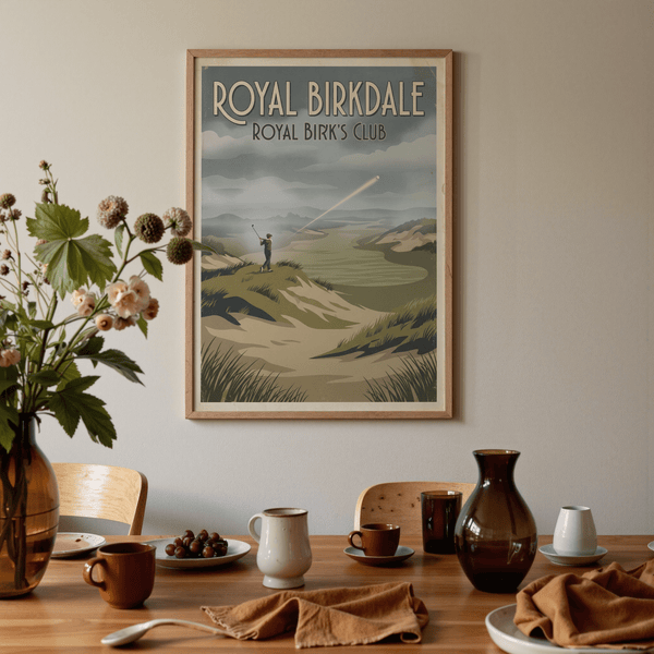 Top section of golf print with large headline text and cloudy sky background