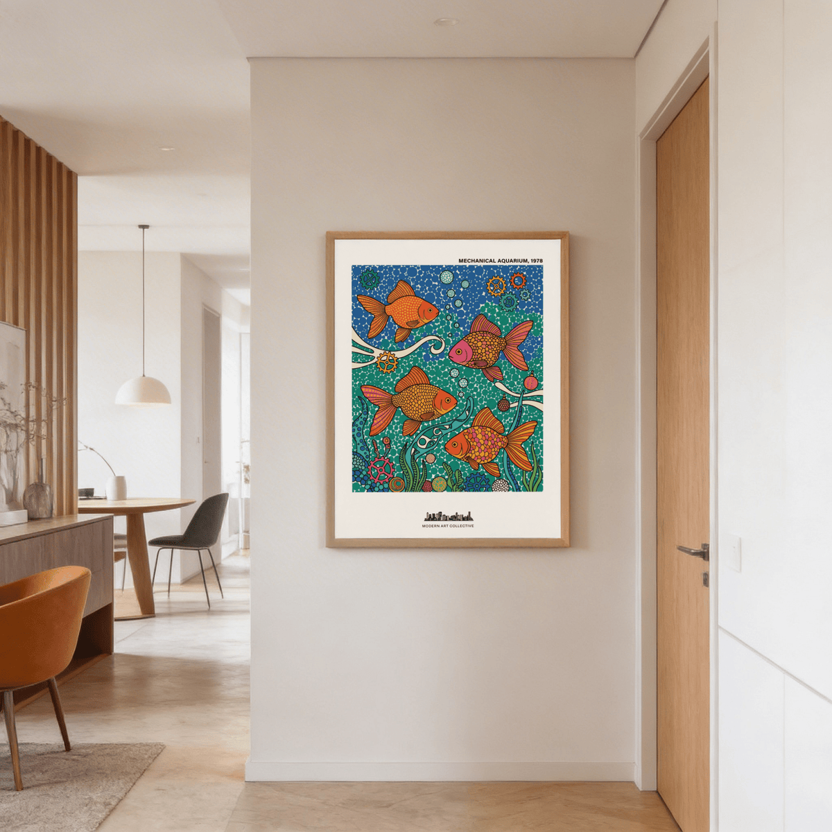 Illustrating the Colorful Fish Art Print poster showing fish at varied angles with gear icons