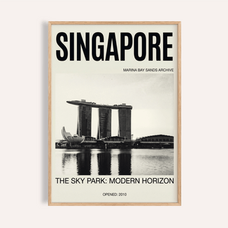 Featuring Marina Bay Sands skyline wall art poster with bold Singapore typography and water reflection