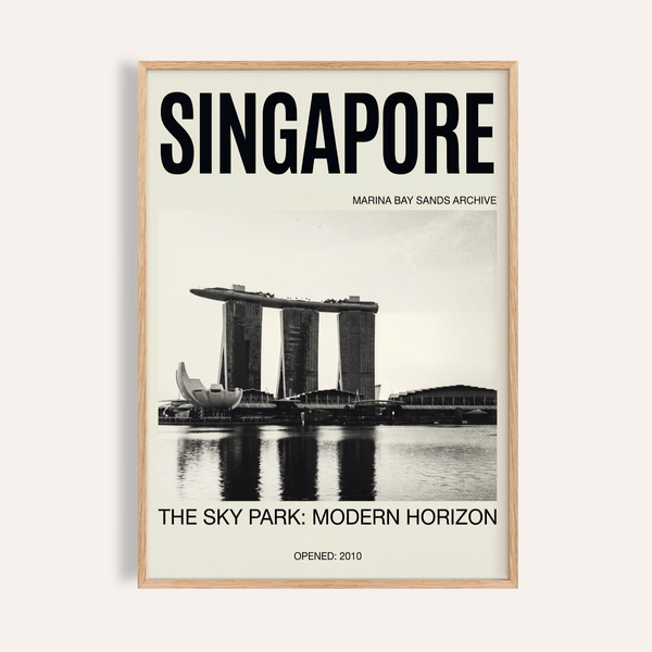 Featuring Marina Bay Sands skyline wall art poster with bold Singapore typography and water reflection
