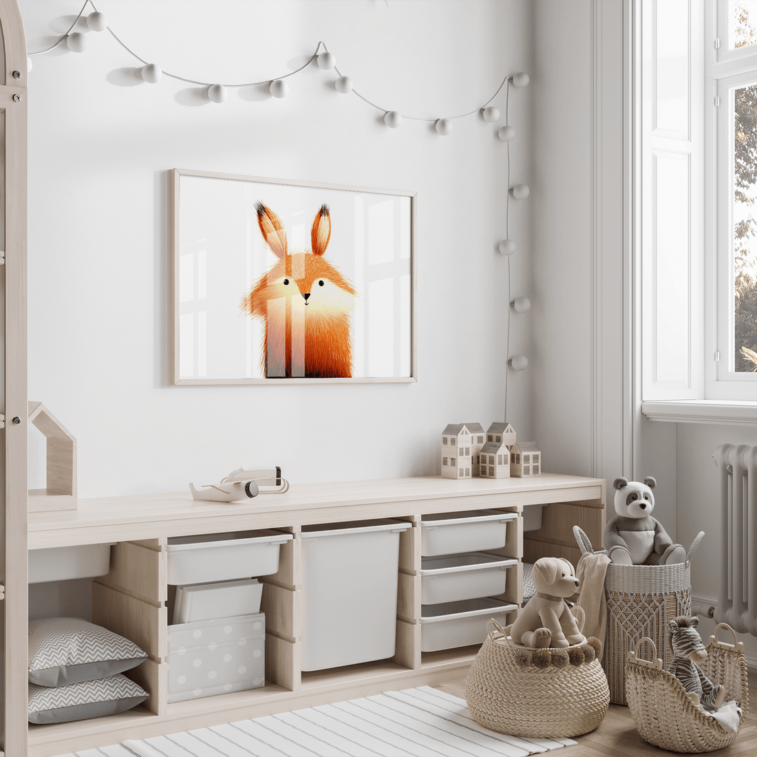 Print of a fluffy orange fox above low wooden toy storage in a bright white children's playroom