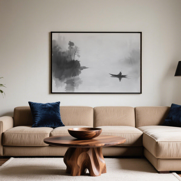 Minimalist Japanese fisherman wall art with foggy shoreline and calm water reflection.