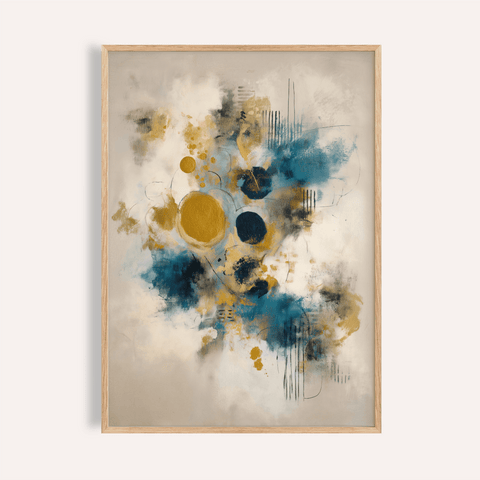 Modern Art Print in Blue, Gold, and Beige for living room wall art