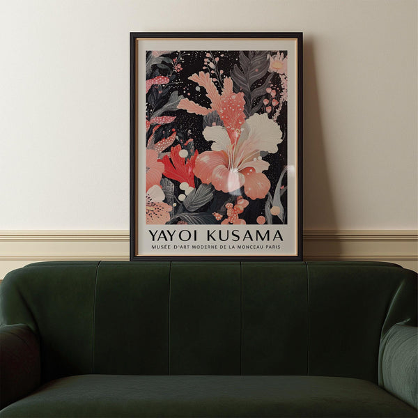 Modern black and pink wall art with overlapping tropical flowers