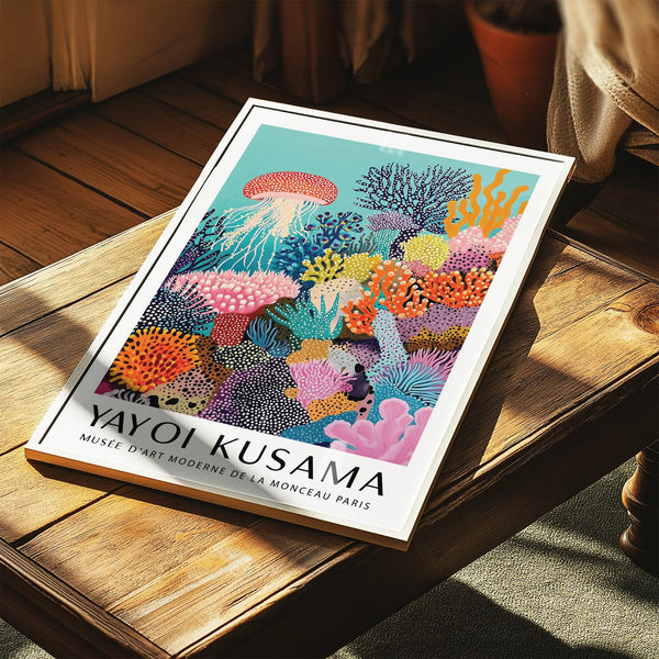 Vibrant Coral Reef Art with orange, pink, and blue underwater foliage.