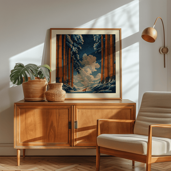 Vintage-inspired winter landscape print showing deep perspective