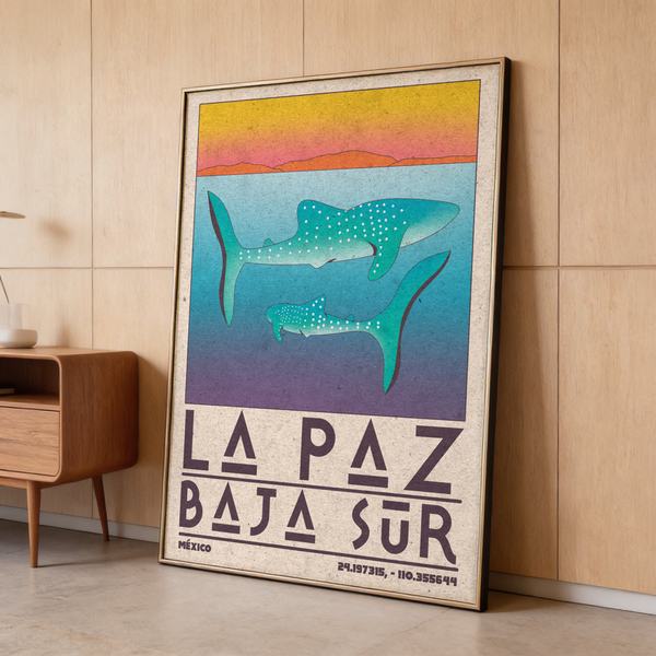 Travel style print showing twin whale sharks beneath a calm horizon line