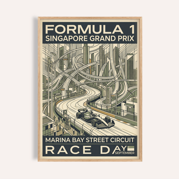 Featuring a Formula 1 race car and Marina Bay street circuit, this Singapore Grand Prix Print poster shows a city skyline with bold headline text