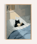 cat reading book wall art in blue, white, and black for bedroom wall print