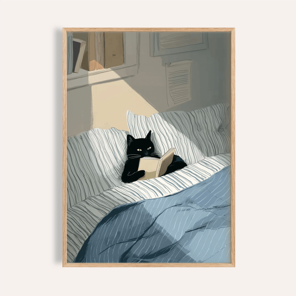 cat reading book wall art in blue, white, and black for bedroom wall print