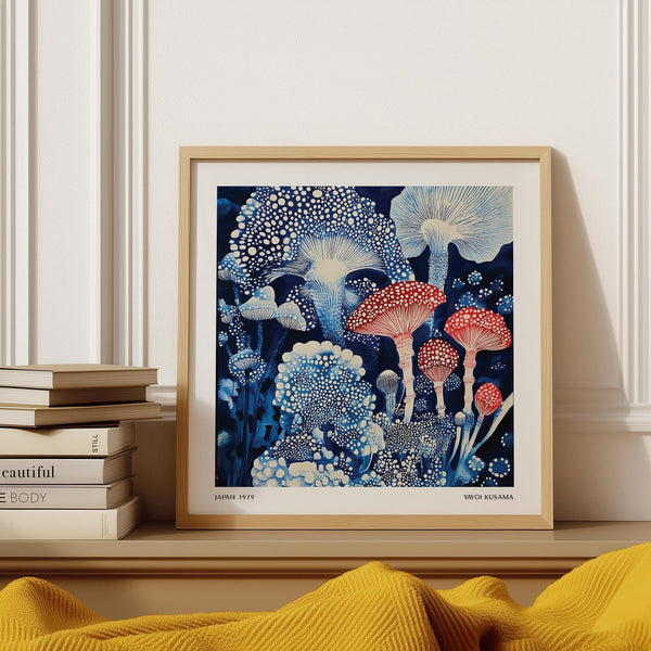Japanese poster featuring red and white mushrooms with abstract dot patterns on navy.
