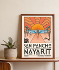 Illustrated beach poster print with surfboard figure, palm trees, and central pier