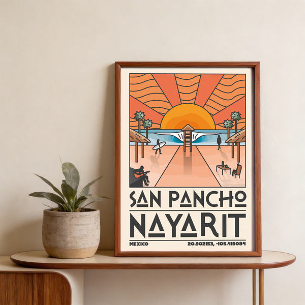 Illustrated beach poster print with surfboard figure, palm trees, and central pier