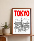 Minimal graphic Tokyo City Wall Art collage in red, white, black