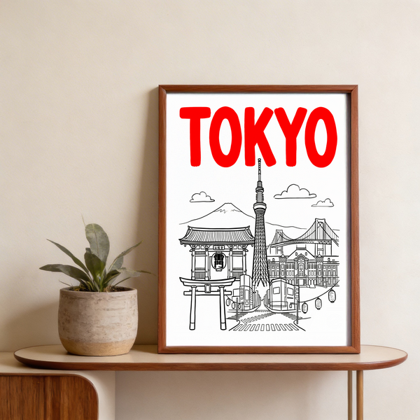 Minimal graphic Tokyo City Wall Art collage in red, white, black