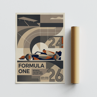 Centered Formula One Art Print poster design with sweeping arc composition and geometric typography elements