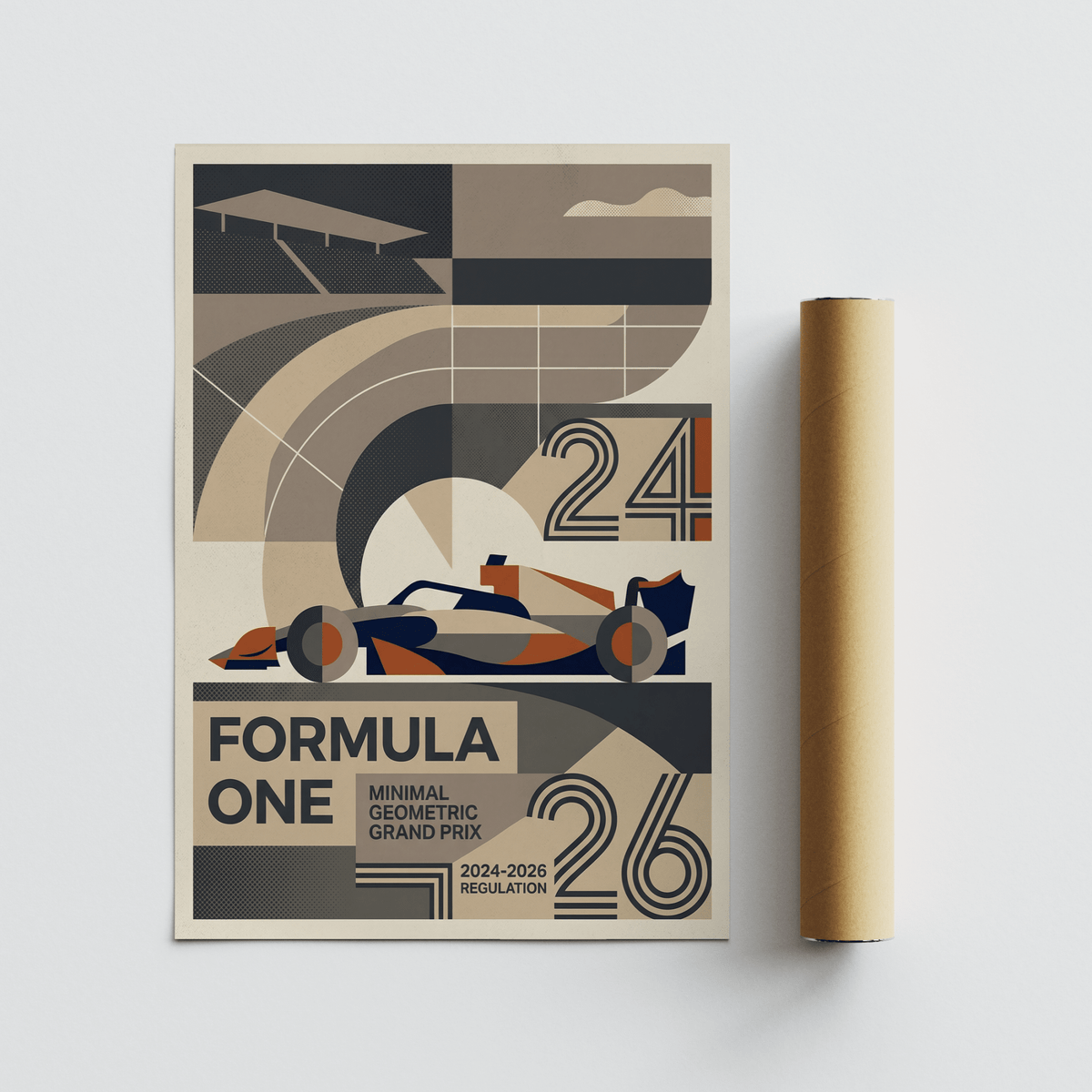 Centered Formula One Art Print poster design with sweeping arc composition and geometric typography elements