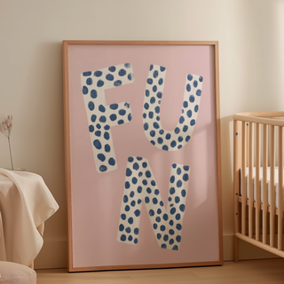 Modern typographic wall art poster with three big letters spelling FUN in a speckled pattern