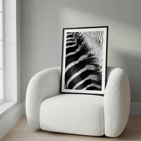Framed view of Zebra Stripe Art Print with curved stripe pattern