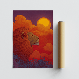 Side-profile lion poster print with layered line texture and circular sun
