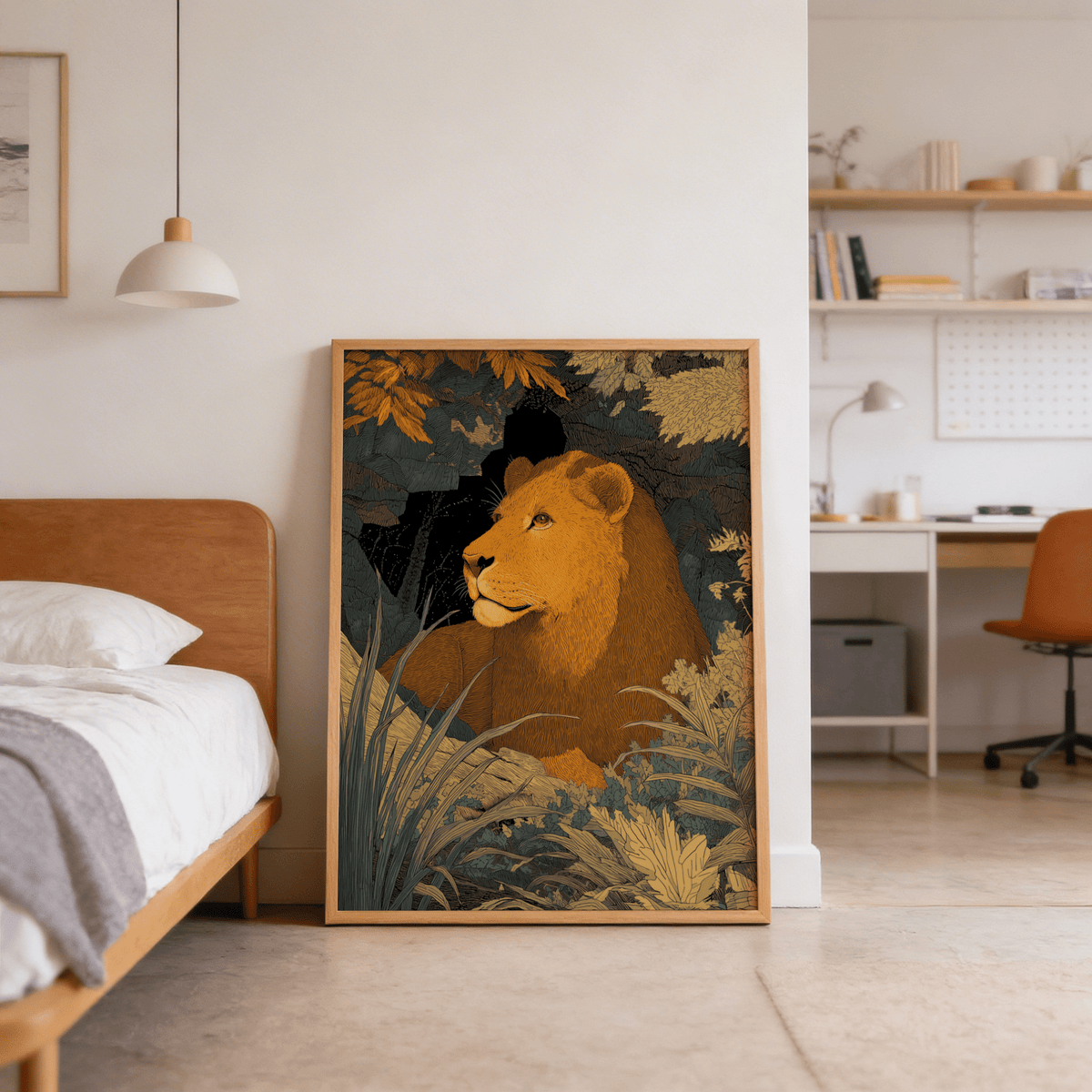 Textured animal poster of a resting lion with overlapping leaves and shadow shapes