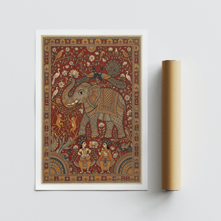 Decorative elephant wall art print with peacocks, lotus blossoms, and repeating border motifs