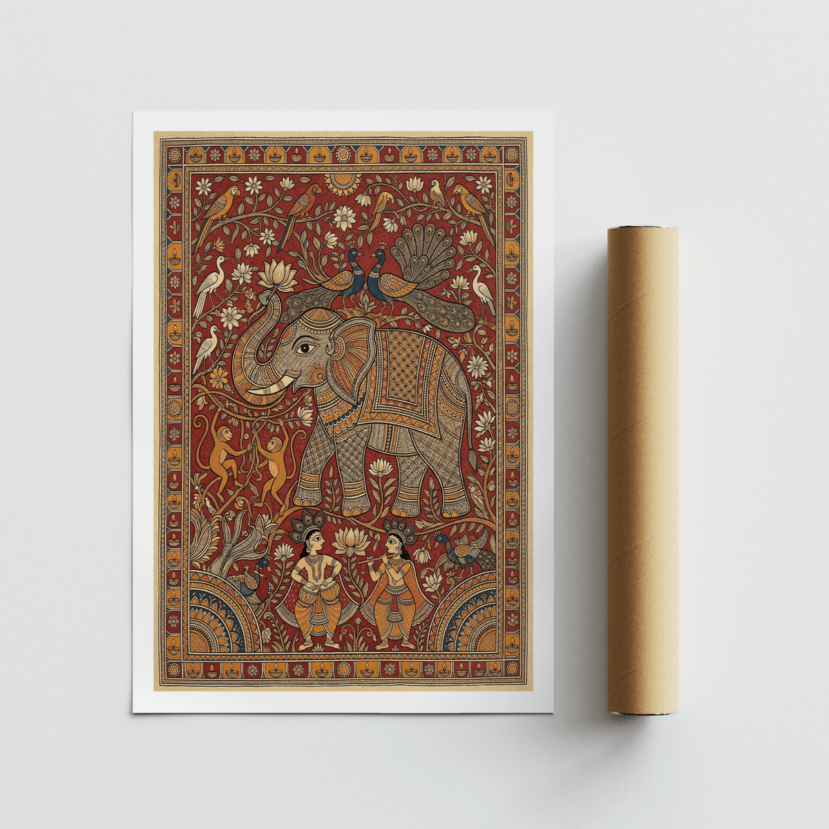 Decorative elephant wall art print with peacocks, lotus blossoms, and repeating border motifs