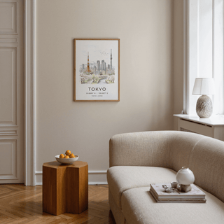 Watercolor-style Tokyo skyline poster print with Mount Fuji and city towers