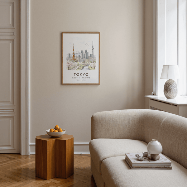 Watercolor-style Tokyo skyline poster print with Mount Fuji and city towers