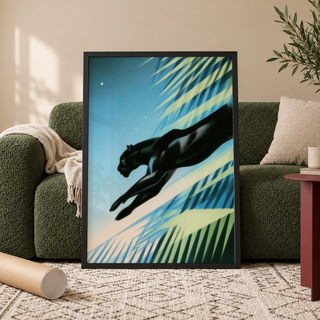 Midair panther wall art print with streamlined body and sharp diagonal bands