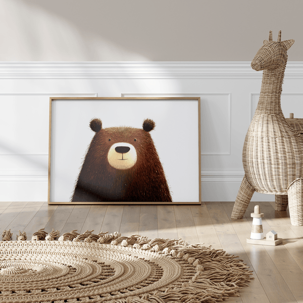 Cute Bear Art Print featuring brown fur and beige accents, ideal for playroom decor