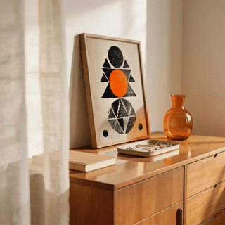 Hand-textured poster with beige, black, and orange shapes