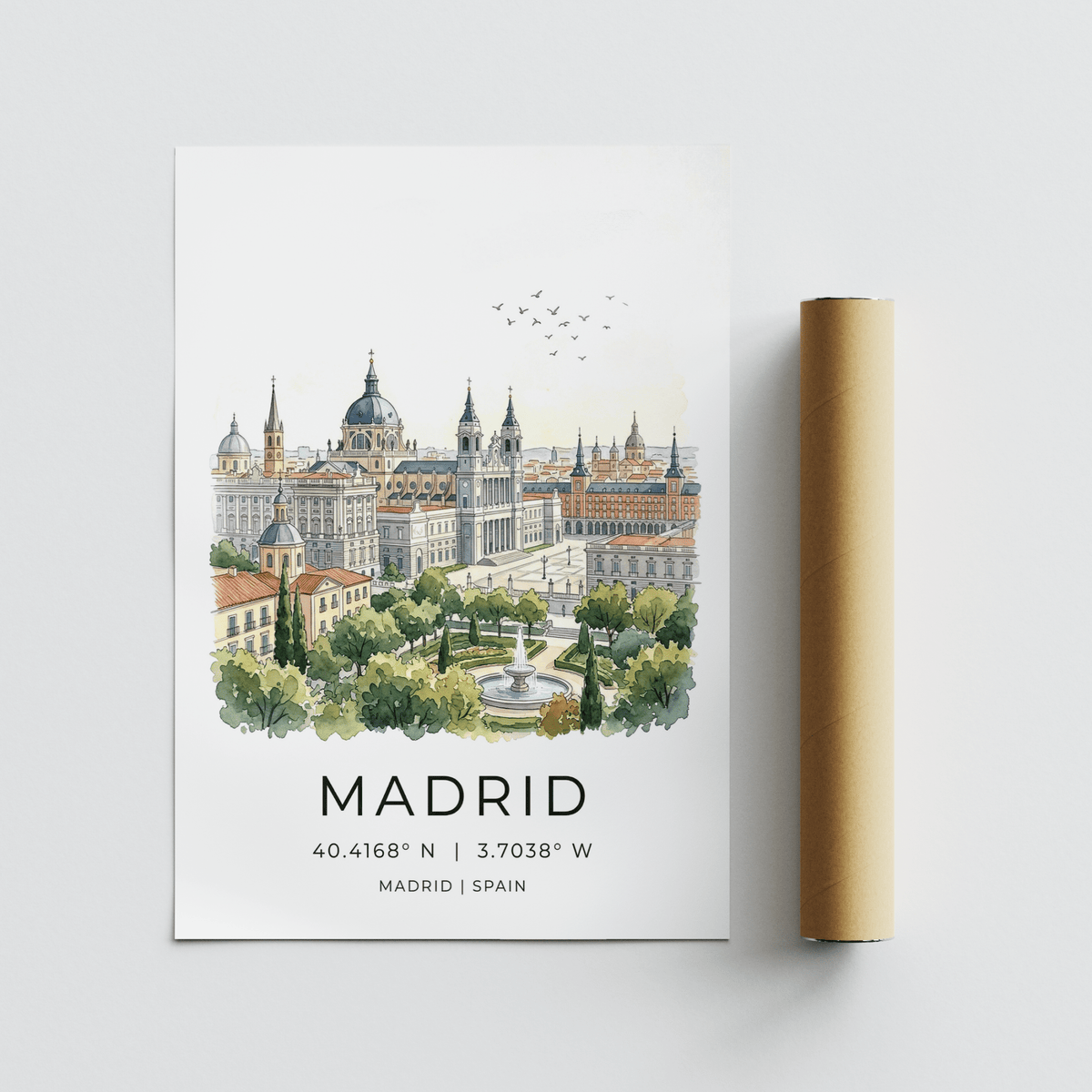 Madrid, Spain city poster print with domes and spires behind a formal park and round fountain