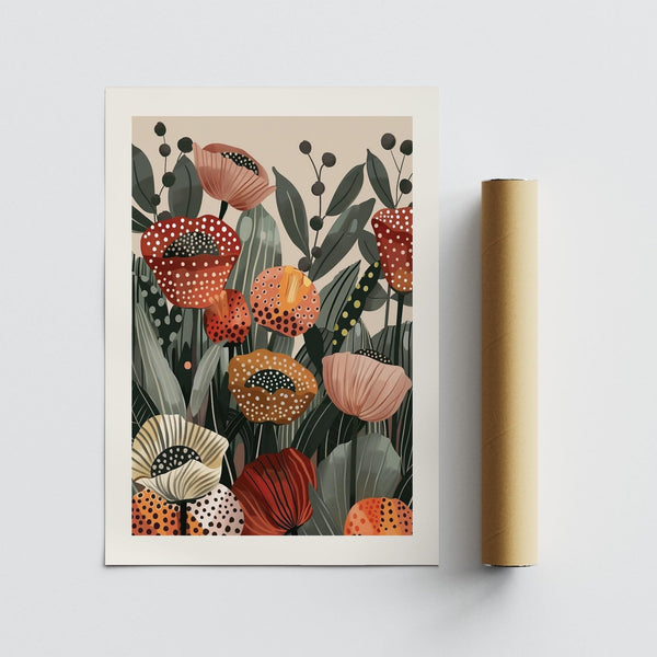 Botanical wall print with bold poppy flower art in red, coral, and mustard