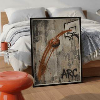 Concrete-wall Basketball Graffiti Wall Art featuring graffiti tag, basketball, and spray-painted trajectory line