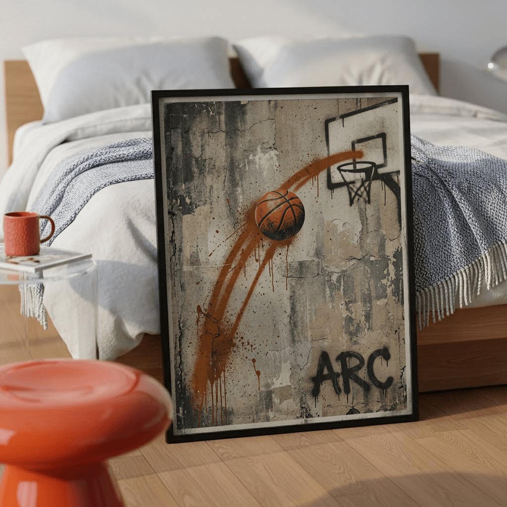 Concrete-wall Basketball Graffiti Wall Art featuring graffiti tag, basketball, and spray-painted trajectory line