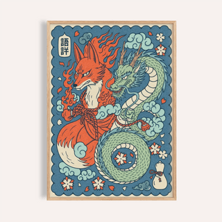 Illustrated fox spirit and coiling dragon poster with cloud curls and blossoms