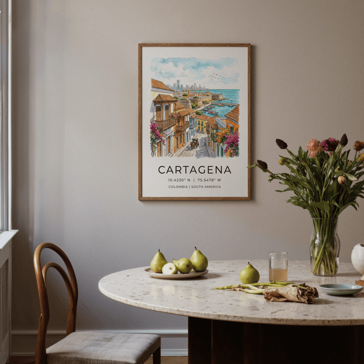 Vintage-style travel wall art print of Cartagena with cobblestone lane and balcony facades