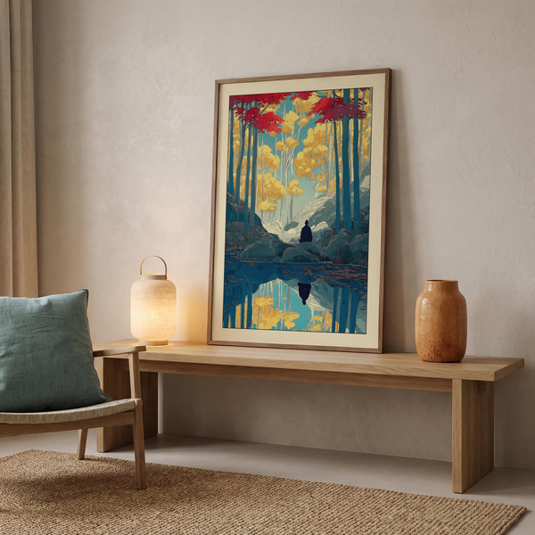 Contemplative forest wall art with seated figure facing water and mirrored treeline