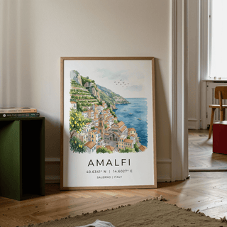Amalfi Coast Wall Art detail showing lemon branch framing village scene