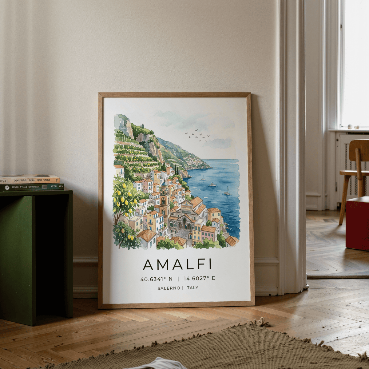Amalfi Coast Wall Art detail showing lemon branch framing village scene