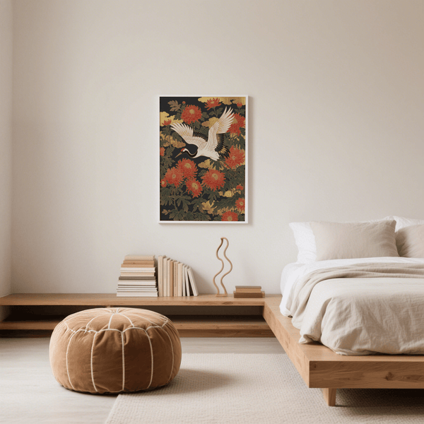 Crane Floral Art Print in Red, White, Beige and Green for bedroom decor